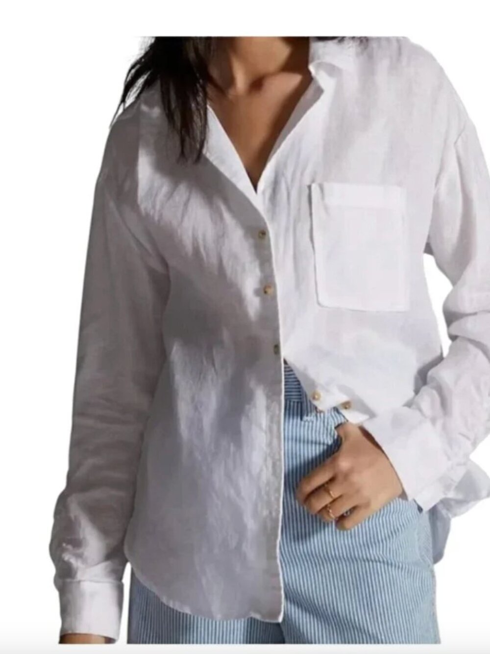 Anthropologie Maeve White Linen Buttondown Ruched Sleeve Blouse I Size: L